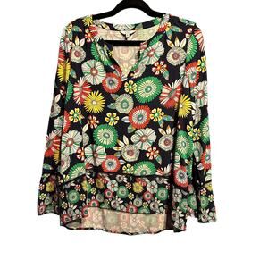 Crown & Ivy Size Medium Blouse Floral Retro Boho Cottage Bright Bell Sleeves